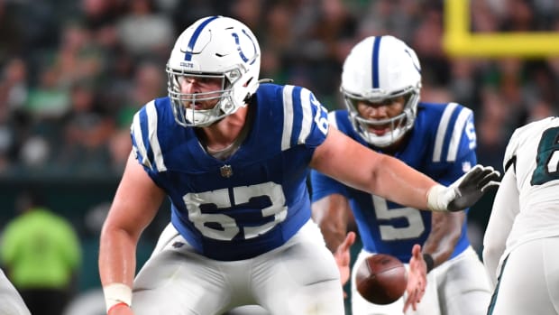 Aug 24, 2023; Philadelphia, Pennsylvania, USA; Indianapolis Colts guard Danny Pinter (63) against the Philadelphia Eagles at Lincoln Financial Field.